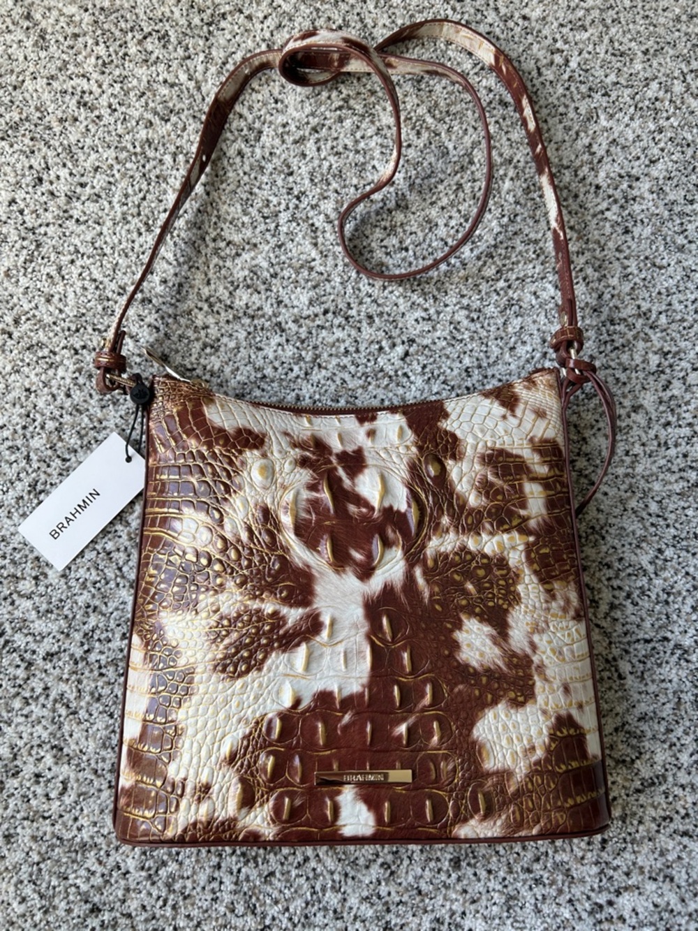 Brahmin Brown & Cream Croc-Embossed Leather Crossbody Bag